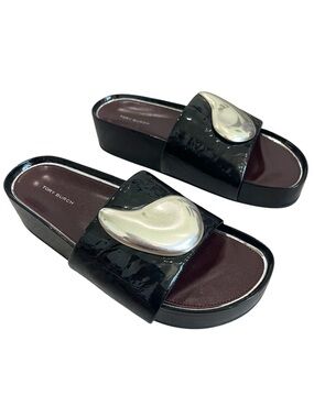 Tory Burch Patos Platform Slide Sandals Black Patent 9 New NWOB Modern Luxury